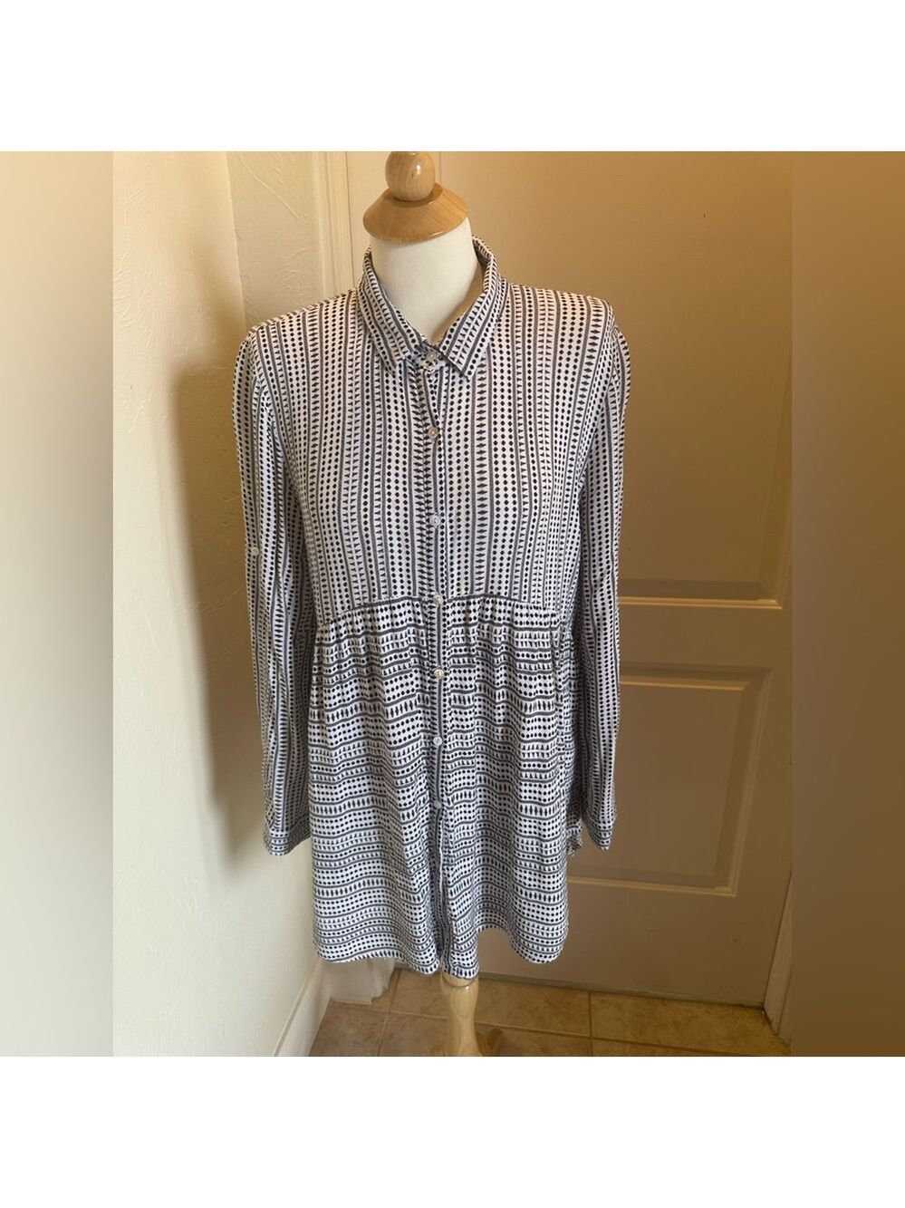 Umgee Medium Boho Tunic Dress | Black & White Geometric Babydoll Button Front